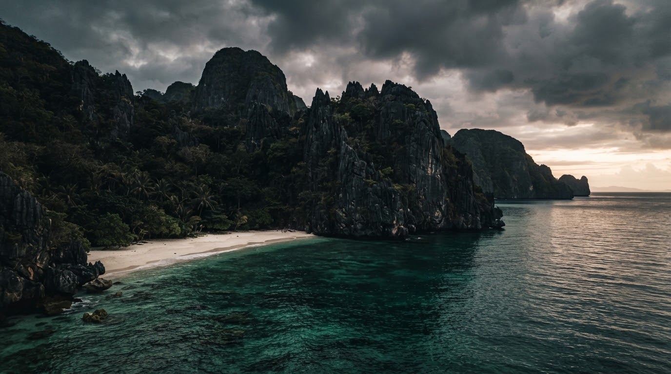 Limestone cliffs and empty water at dawn on a remote stretch of Palawan coastline